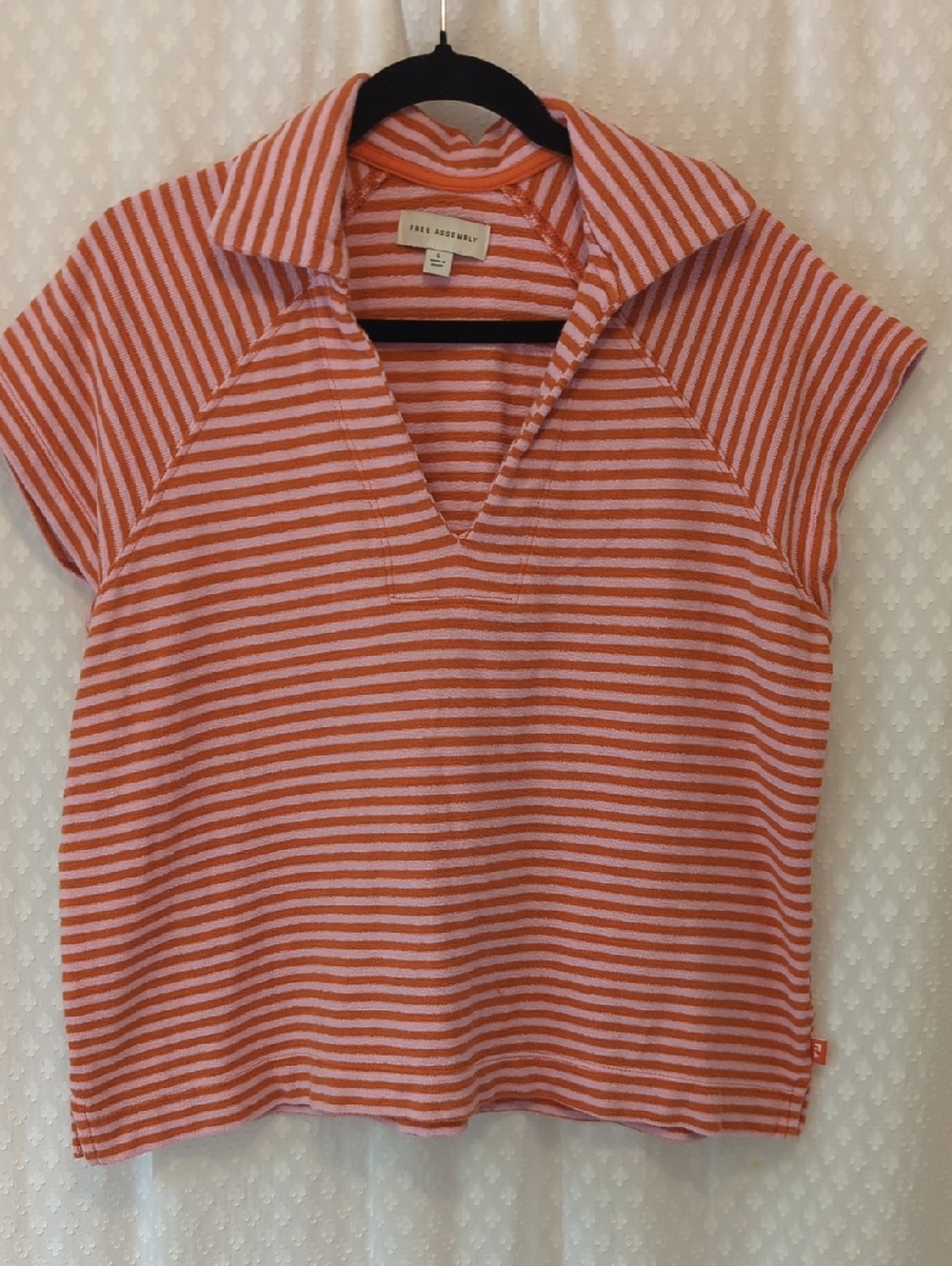Free Assembly 100% Cotton Pink Orange Stripe Polo Raglan Sleeve Women's Large